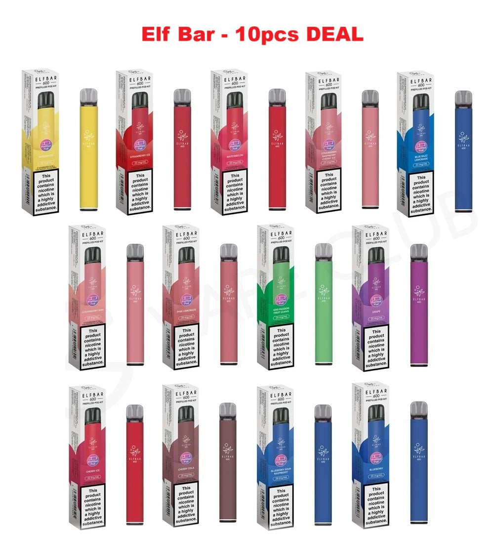 ELF BAR 600Puffs Reusable Rechargeable Vape Bars 20mg Pod Kit 2% Nic Salt All Flavours
