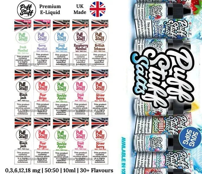 5x 10ml Puff Stuff Premium UK Made E-Liquid TPD E-Juice 50/50 PG/VG 0 3 12 18mg