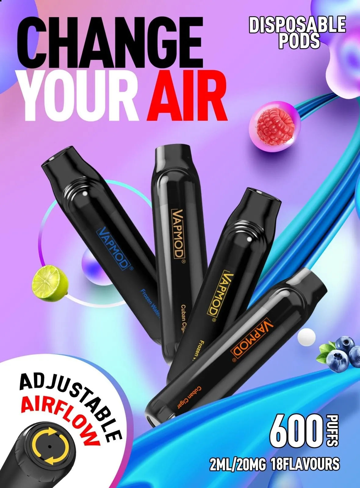 10x VAPMOD 600 PUFF 2% VAPE Pod Bars TPD MESHED COIL Adjustable AIRFLOW