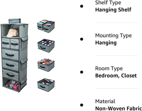 6 Hanging Shelves for Closet with 4 Removable Drawers & Side Pockets 33x31x108CM