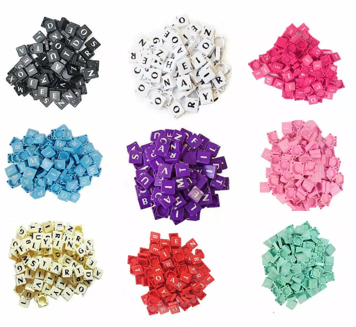 100 COLOUR SCRABBLE TILES BLACK LETTERS FR CRAFTS WOOD PLASTIC ALPHABETS COLOUR