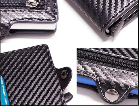 Carbon Fiber Compact Wallet | RFID Blocking Bank Card pop up Coin Holder Zipper