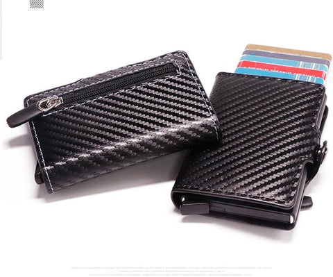 Carbon Fiber Compact Wallet | RFID Blocking Bank Card pop up Coin Holder Zipper