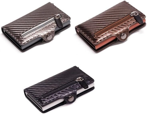 Carbon Fiber Compact Wallet | RFID Blocking Bank Card pop up Coin Holder Zipper